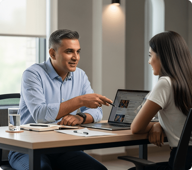 A professional one-on-one meeting or mentorship session in a brightly lit corporate room.