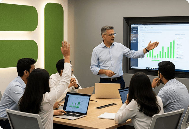 A business intelligence presentation taking place in a collaborative meeting room.
