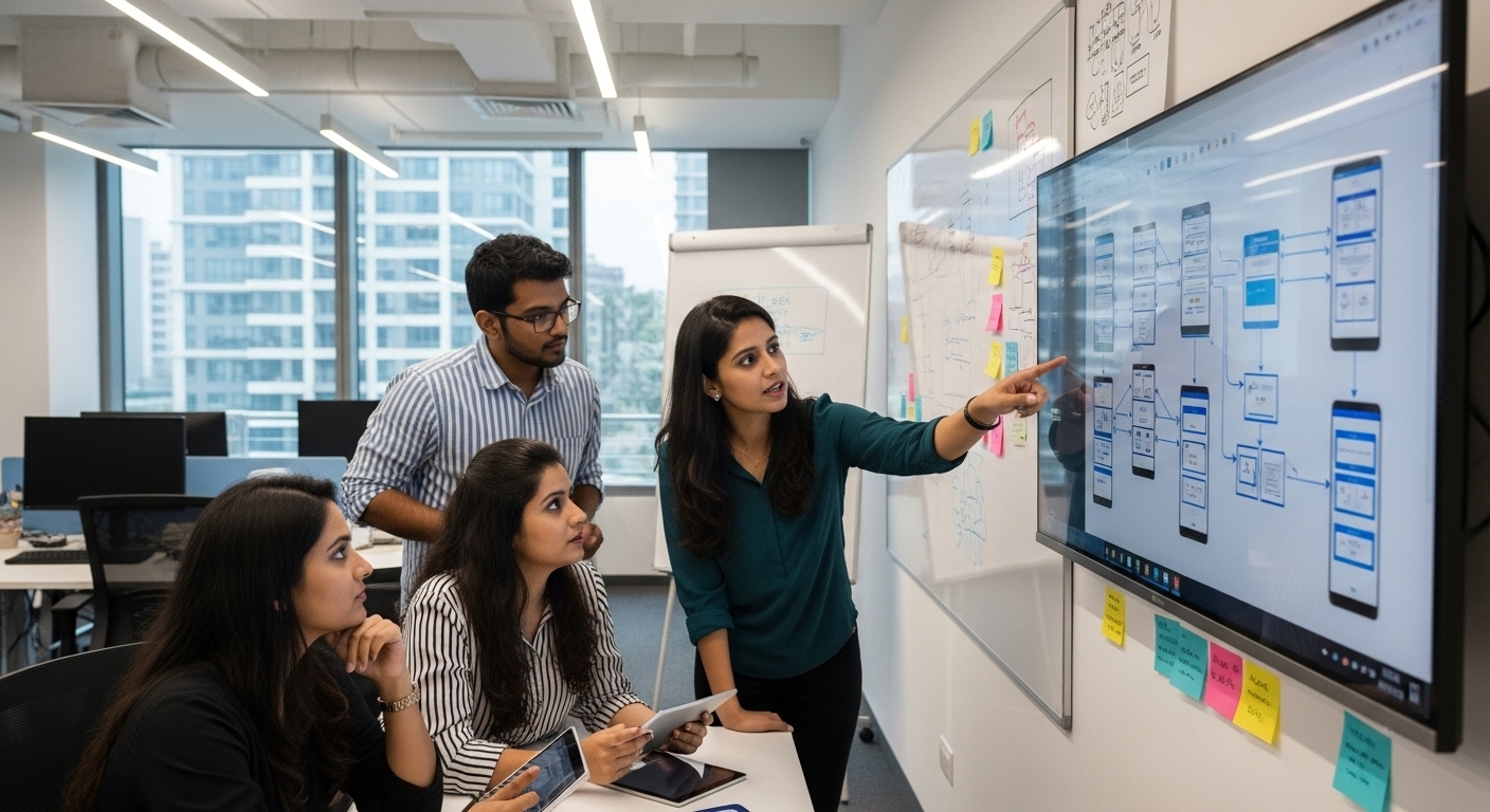 A team of four young professionals in a modern corporate office collaborating over a software architecture design.
